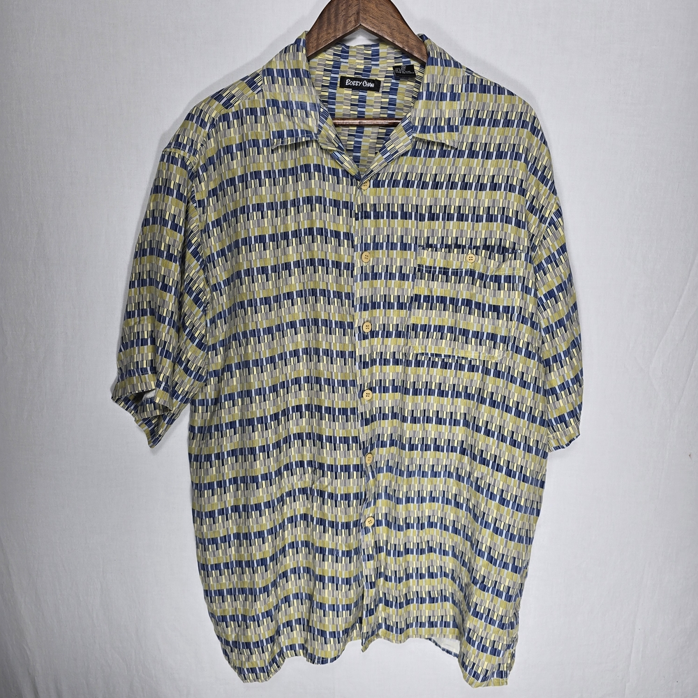 Bobby Chan Men's XL Blue and Green Patterned Shirt 100% Silk Button Down